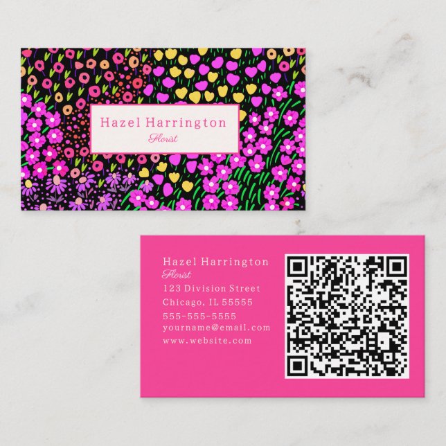 Bright Floral QR Código tarjeta de visita escanead (Anverso / Reverso)