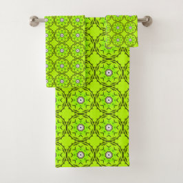 Bright green towel with intricate circular pattern