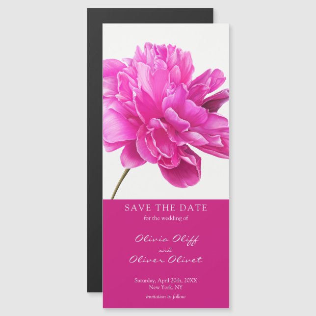 Brillante Boda Peony Rosa Salva la fecha magnética (Anverso/Reverso)