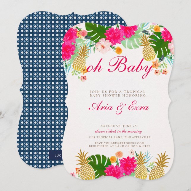 Brillante invitación de Baby Shower de piña tropic (Anverso / Reverso)