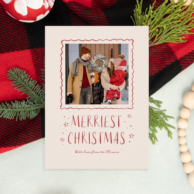 Brillante manuscrito Feliz Navidad Rojo (handwritten Merry Christmas photo card in red with whimsical hand-drawn elements)