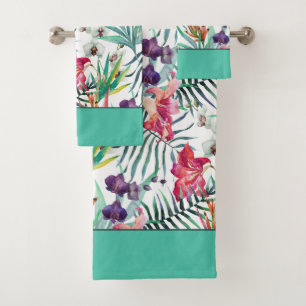 Brillante patrón floral tropical con borde Aqua