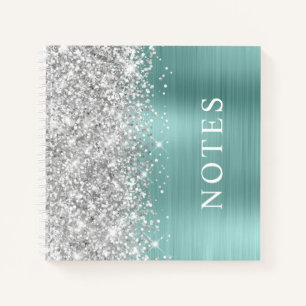 Brillante Plata y Turquesa Pálido Glam Cuaderno