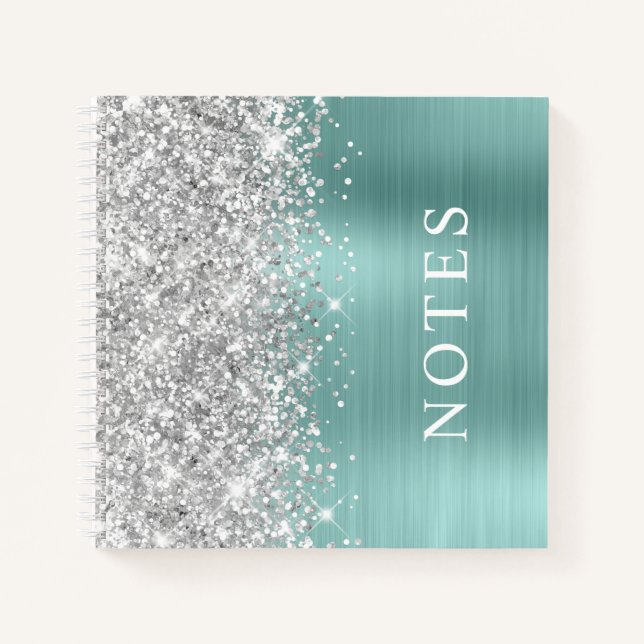 Brillante Plata y Turquesa Pálido Glam Cuaderno (Anverso)