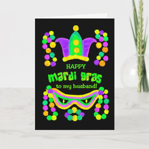 Brillante tarjeta Mardi Gras para marido en negro