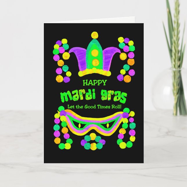 Brillante tarjeta Mardi Gras sobre cuentas de másc (Anverso)