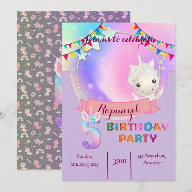 Brillante unicornio- 5ª invitación a la fiesta de  (Anverso / Reverso)