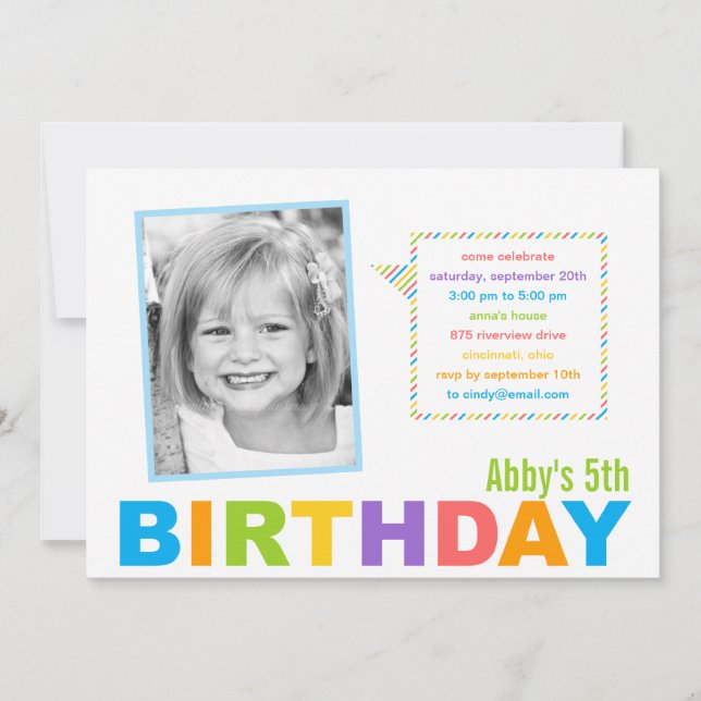 Brillante y colorida invitación al cumpleaños de l (Anverso)