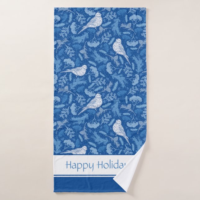 Brillantes Aves Blancas Azul e Invierno Patrón Flo (Toalla de baño)