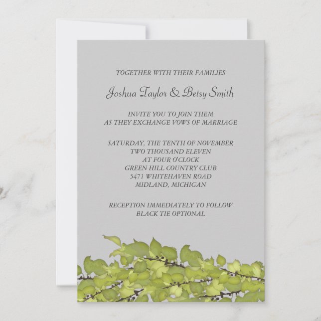 Brillantes invitaciones de bodas de hojas verdes (Anverso)