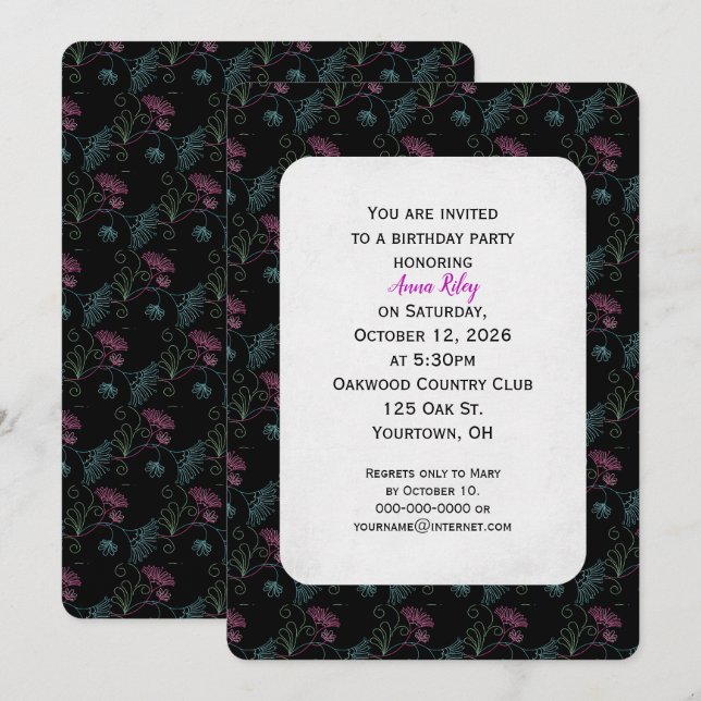 brillo floral en invitación de cumpleaños negra (Anverso / Reverso)