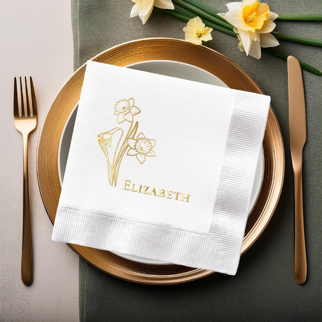 Brillo Servilletas con estampado de lámina con contorno f (Elegant Spring Daffodils Floral Outline Foil Stamped Napkins)