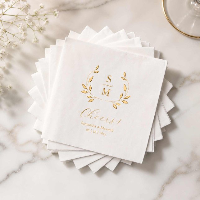 Brillo Servilletas de boda con monograma de hojas de pape (Wedding monogrammed cocktail napkins with gold foil leaves and lettering)