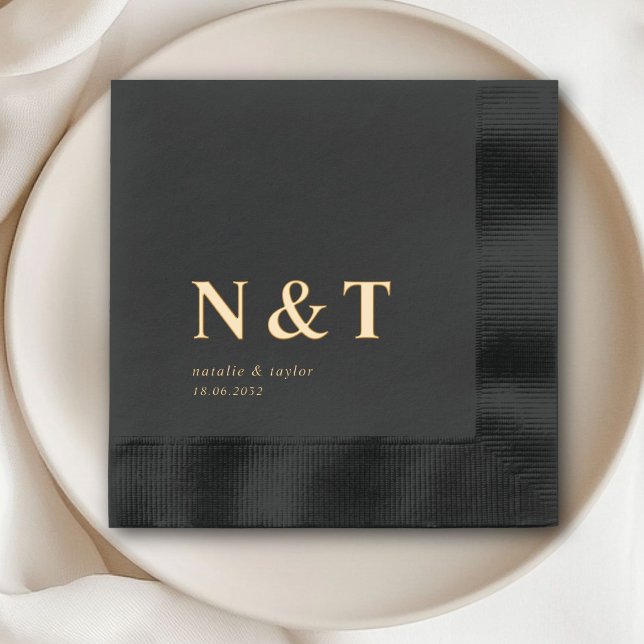 Brillo Servilletas de boda elegantes con lámina de alumin (Elegant, Monogram, Black Wedding Foil Napkins)