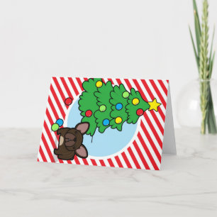 Brindle Frenchie con árbol de Navidad en rayas