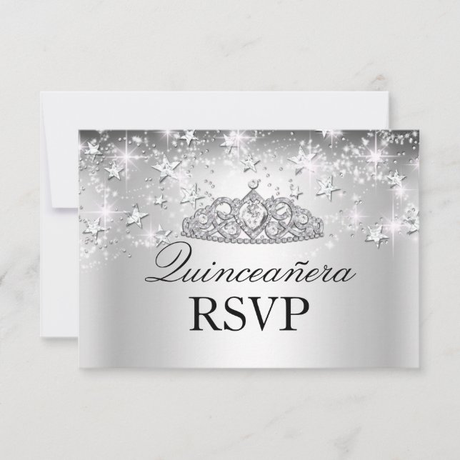 Brocha de plata Tiara y estrellas Quinceanera RSVP (Anverso)