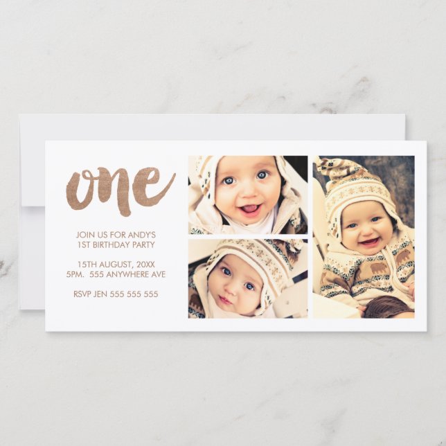 Bronce 1º cumpleaños Blanco 3 Fototarjeta de marco (Anverso)