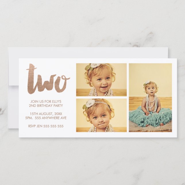 Bronce 2º cumpleaños blanco 3 fotocarta de marco (Anverso)