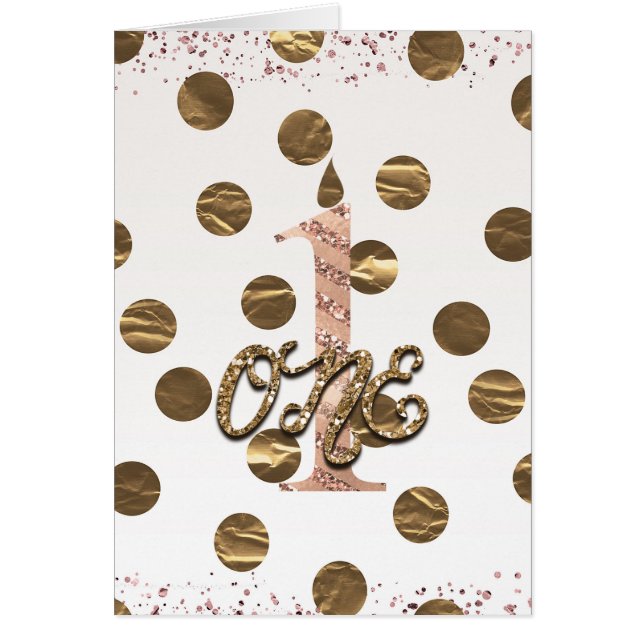 Bronze Polka Dots Rosa Oro UNO Primer Cumpleaños (Frente)