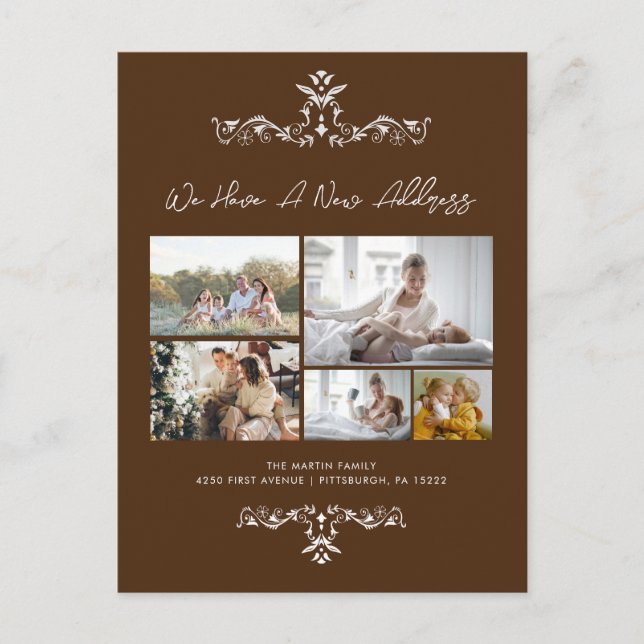 Brown 5 Fotos Ornate Moving Invitación (Anverso)