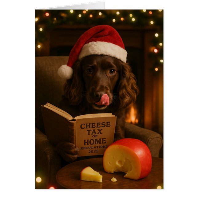 Brown cocker spaniel  'Cheese Tax' Christmas card (Frente)