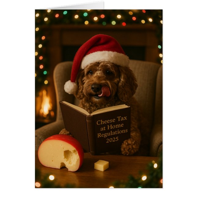 Brown Cockerpoo 'Cheese Tax' Christmas card (Frente)
