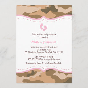 Brown e invitación rosada de Camo Baby Shower