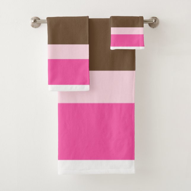 Brown & Pink White Stripe Bathroom Towel Sets  (In situ)