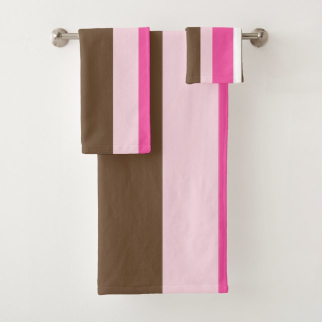 Brown & Pink White Stripe Bathroom Towel Sets  (In situ)