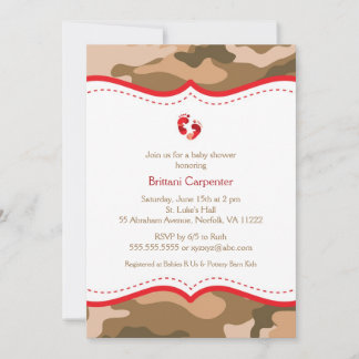 Brown y invitación roja de Camo Baby Shower con