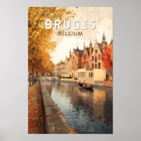 Bruges Bélgica Ilustración Arte de Viaje Vintage
