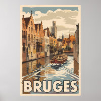 Bruges Bélgica Ilustración Arte de Viaje Vintage