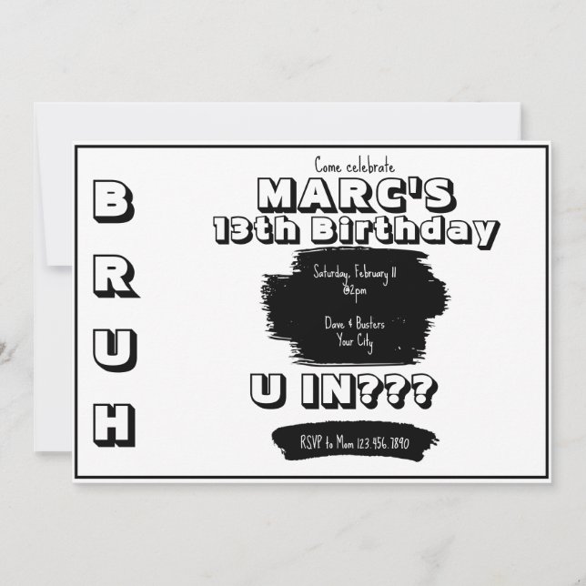 Bruh Invitación de cumpleaños en blanco y negro (Anverso)