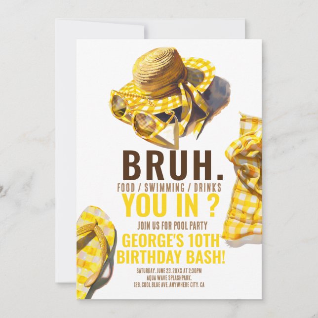 BRUH YELLOW Pool Fiesta Boy Invitación al cumpleañ (Anverso)