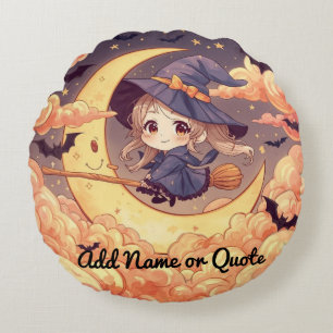 Bruja adorable en la almohada redonda de la luna