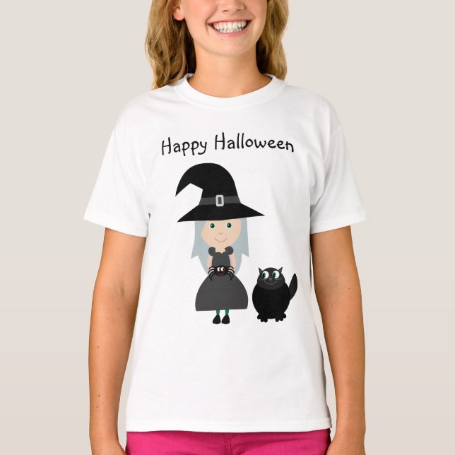 Bruja, araña y gato feliz camiseta de Halloween (Anverso)