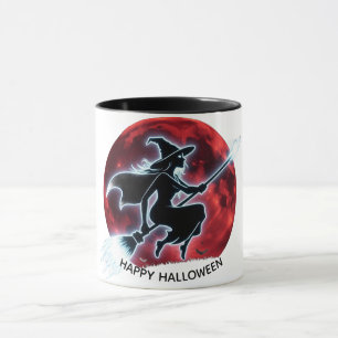 Bruja brillante volando sobre la taza de Halloween