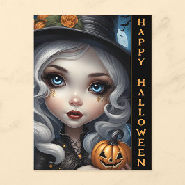 Bruja con calabaza tallada feliz postal de Hallowe