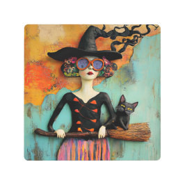 Bruja con escoba y gato negro arte Metalizado de p
