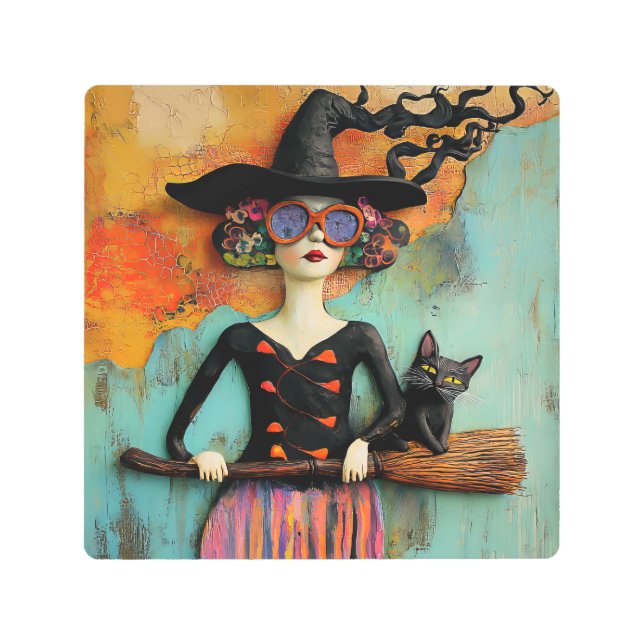 Bruja con escoba y gato negro arte Metalizado de p (Anverso)
