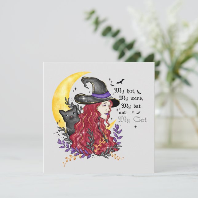 Bruja con gato negro y luna creciente (Anverso de pie)