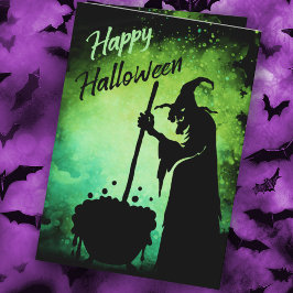 Bruja con tarjeta Cauldron Happy Halloween