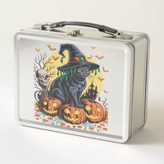 Bruja de gato negro calabaza de Halloween espantos (Anverso)