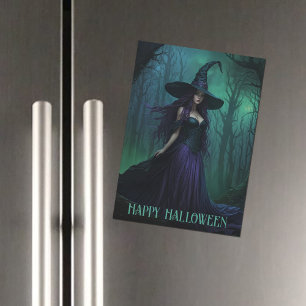 Bruja de Halloween con tarjeta magnética morada y 