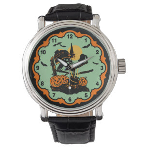 Bruja de Halloween del vintage y reloj de los