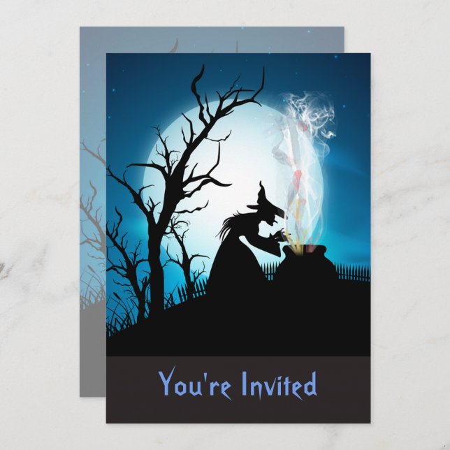 Bruja de Halloween en invitación a caldero hirvien (Anverso / Reverso)