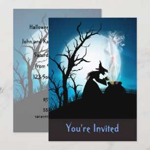 Bruja de Halloween en invitación a caldero hirvien
