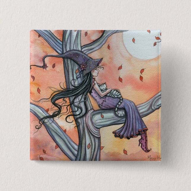 Bruja de Halloween Gato Botón Pin (Anverso)