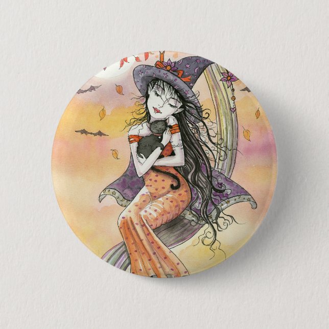 Bruja de Halloween Gato Negro Botón Pin (Anverso)