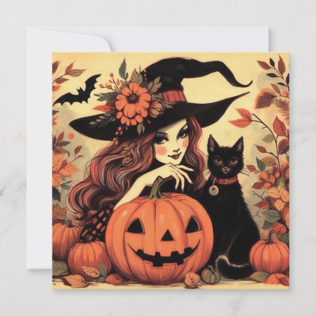 Bruja de Halloween retro con tarjeta de saludo pla (Anverso)